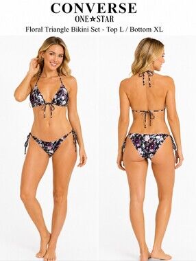 Converse One Star Floral Triangle Bikini Set Women Black Purple NWT Top L Bottom